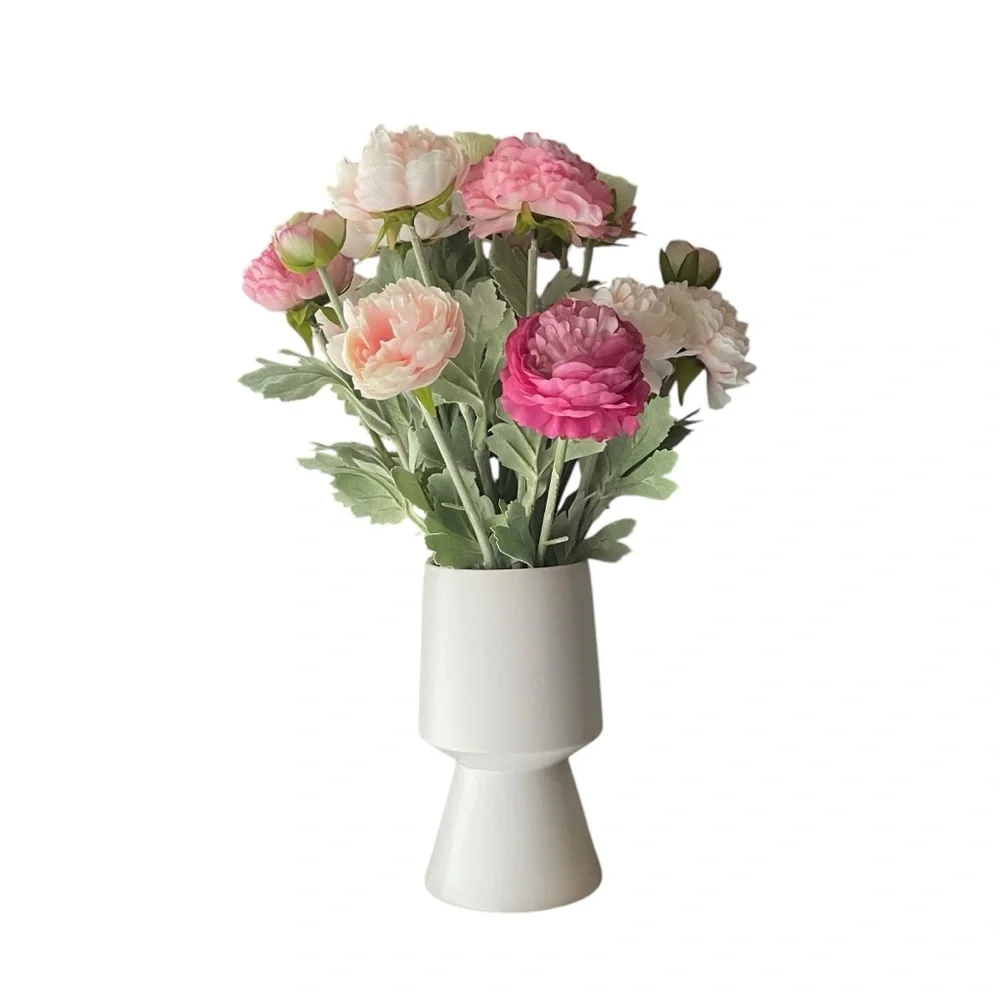 PEONIES Pink and White Floral rosy Peony Arrangement in ceramic matte white vase